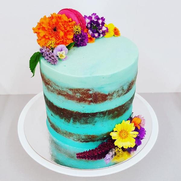 Blue Naked Cake with Bright Flowers