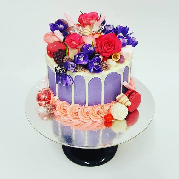 Smooth Purple with White Chocolate Drip and Fresh Flowers